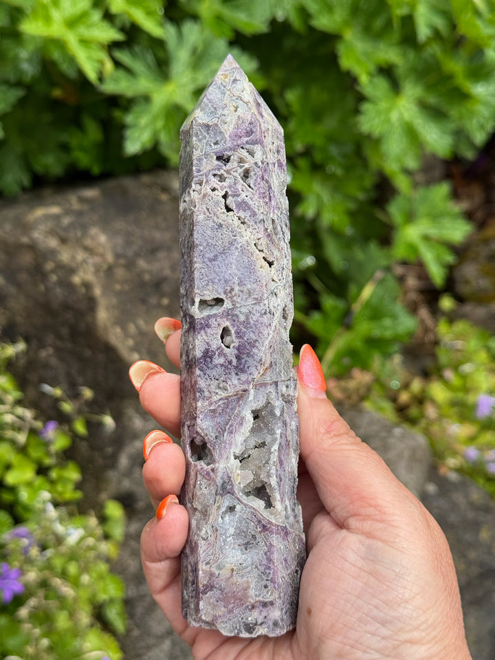 Lepidolite with Sparky Druzy Quartz Tower