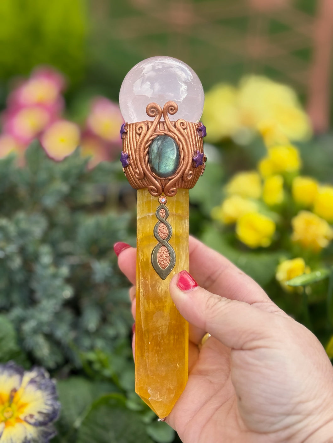 Yellow Fluorite, Rose Quartz Sphere and Labradorite Cab Wand