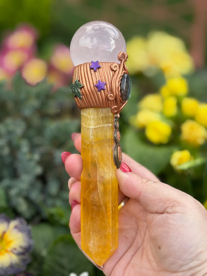 Yellow Fluorite, Rose Quartz Sphere and Labradorite Cab Wand