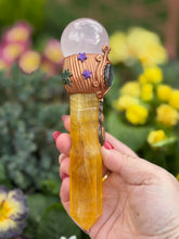 Load image into Gallery viewer, Yellow Fluorite, Rose Quartz Sphere and Labradorite Cab Wand
