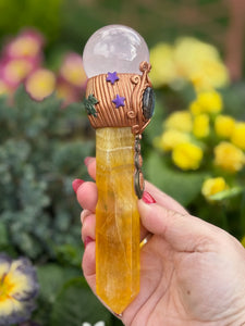 Yellow Fluorite, Rose Quartz Sphere and Labradorite Cab Wand
