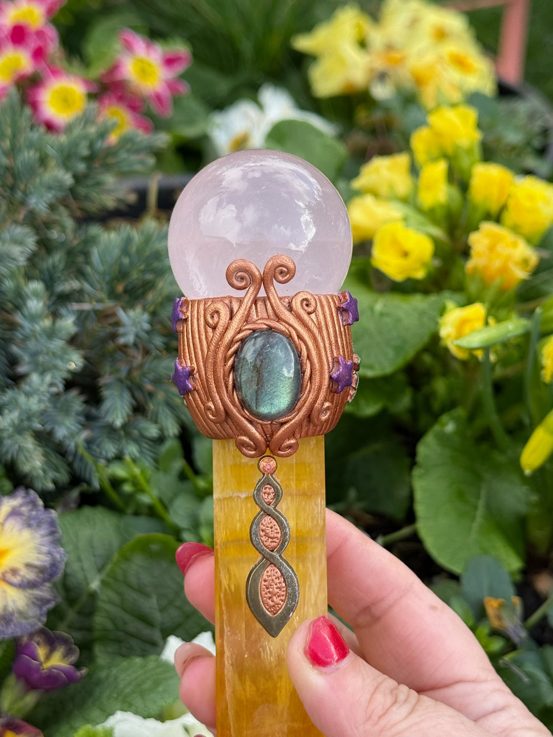 Yellow Fluorite, Rose Quartz Sphere and Labradorite Cab Wand