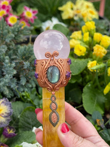 Yellow Fluorite, Rose Quartz Sphere and Labradorite Cab Wand