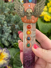 Load image into Gallery viewer, Amethyst, Fluorite and Chakra Gemstones set in clay Manifestation Wand
