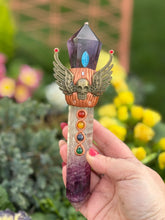 Load image into Gallery viewer, Amethyst, Fluorite and Chakra Gemstones set in clay Manifestation Wand
