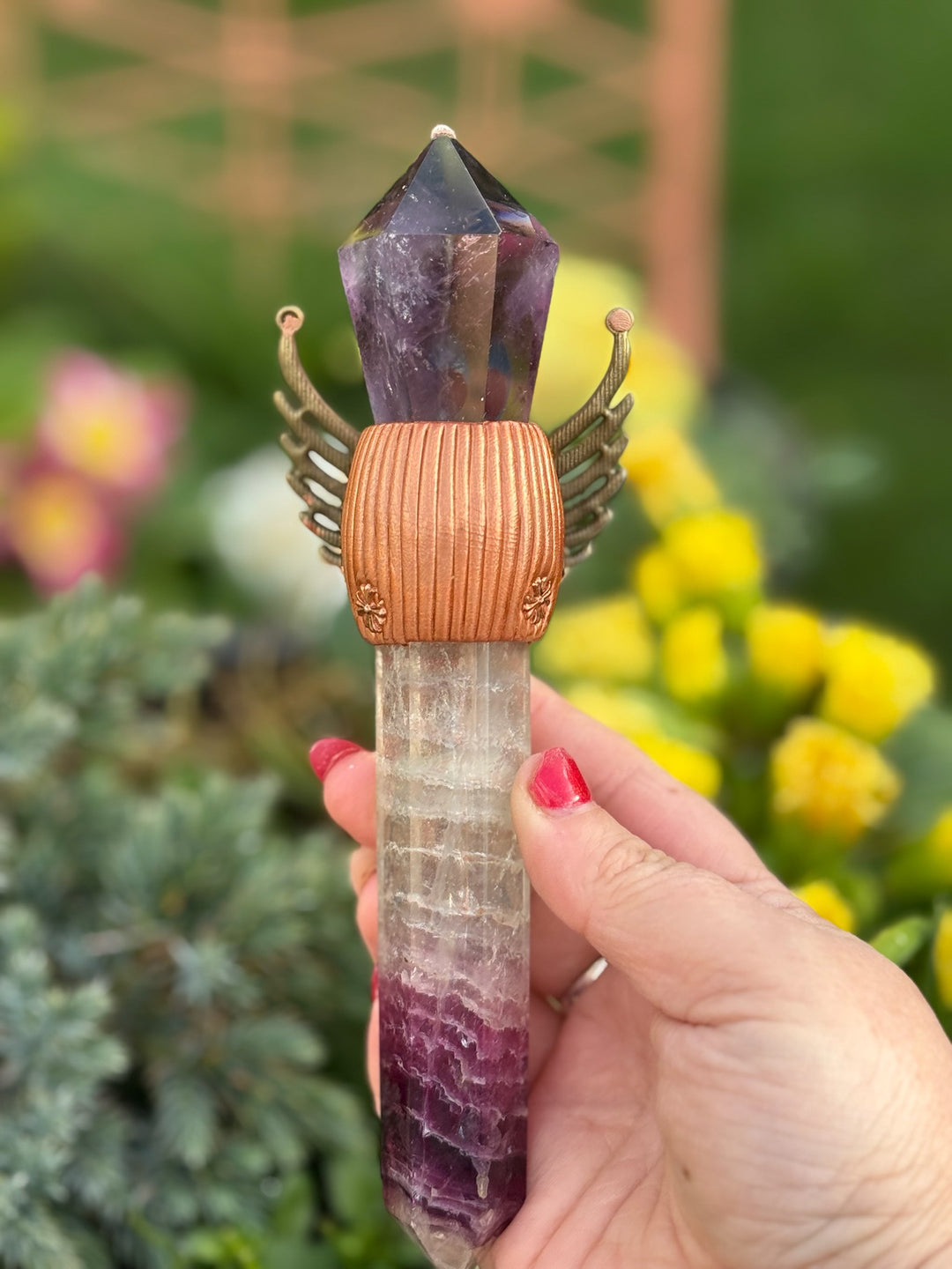 Amethyst, Fluorite and Chakra Gemstones set in clay Manifestation Wand
