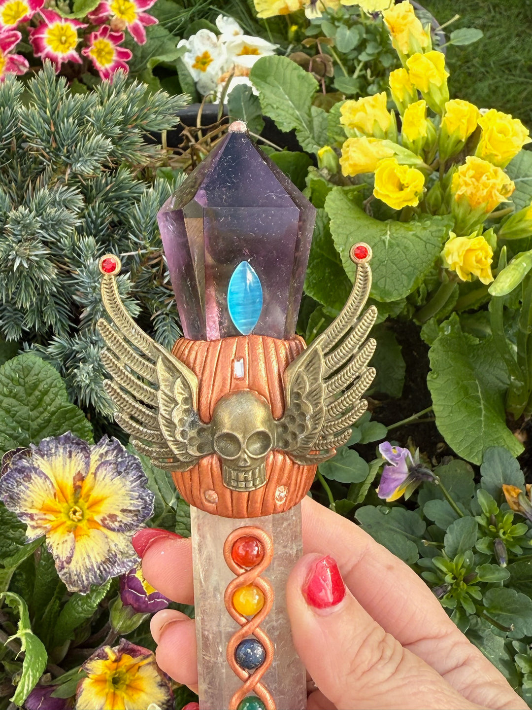 Amethyst, Fluorite and Chakra Gemstones set in clay Manifestation Wand