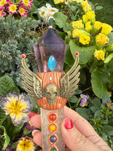 Load image into Gallery viewer, Amethyst, Fluorite and Chakra Gemstones set in clay Manifestation Wand
