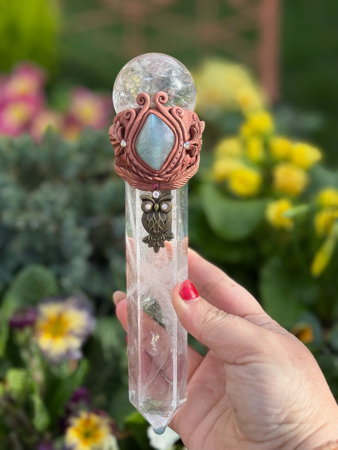 Quartz with Quartz Sphere with Labradorite Cab set in clay Manifestation Wand