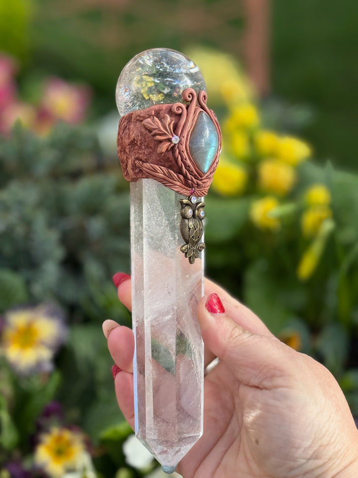 Quartz with Quartz Sphere with Labradorite Cab set in clay Manifestation Wand