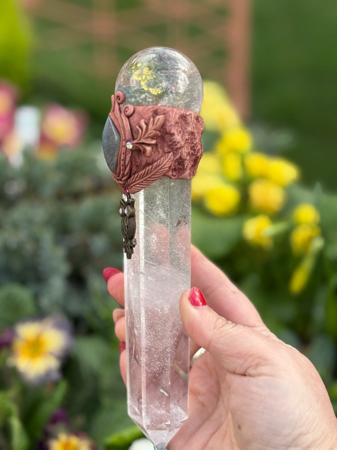 Quartz with Quartz Sphere with Labradorite Cab set in clay Manifestation Wand