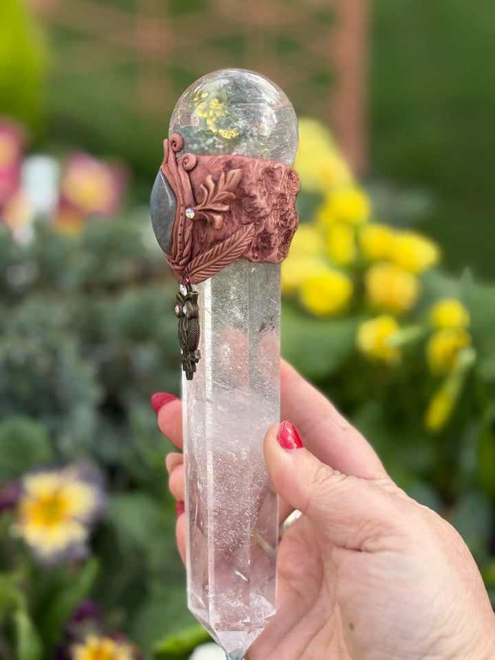 Quartz with Quartz Sphere with Labradorite Cab set in clay Manifestation Wand