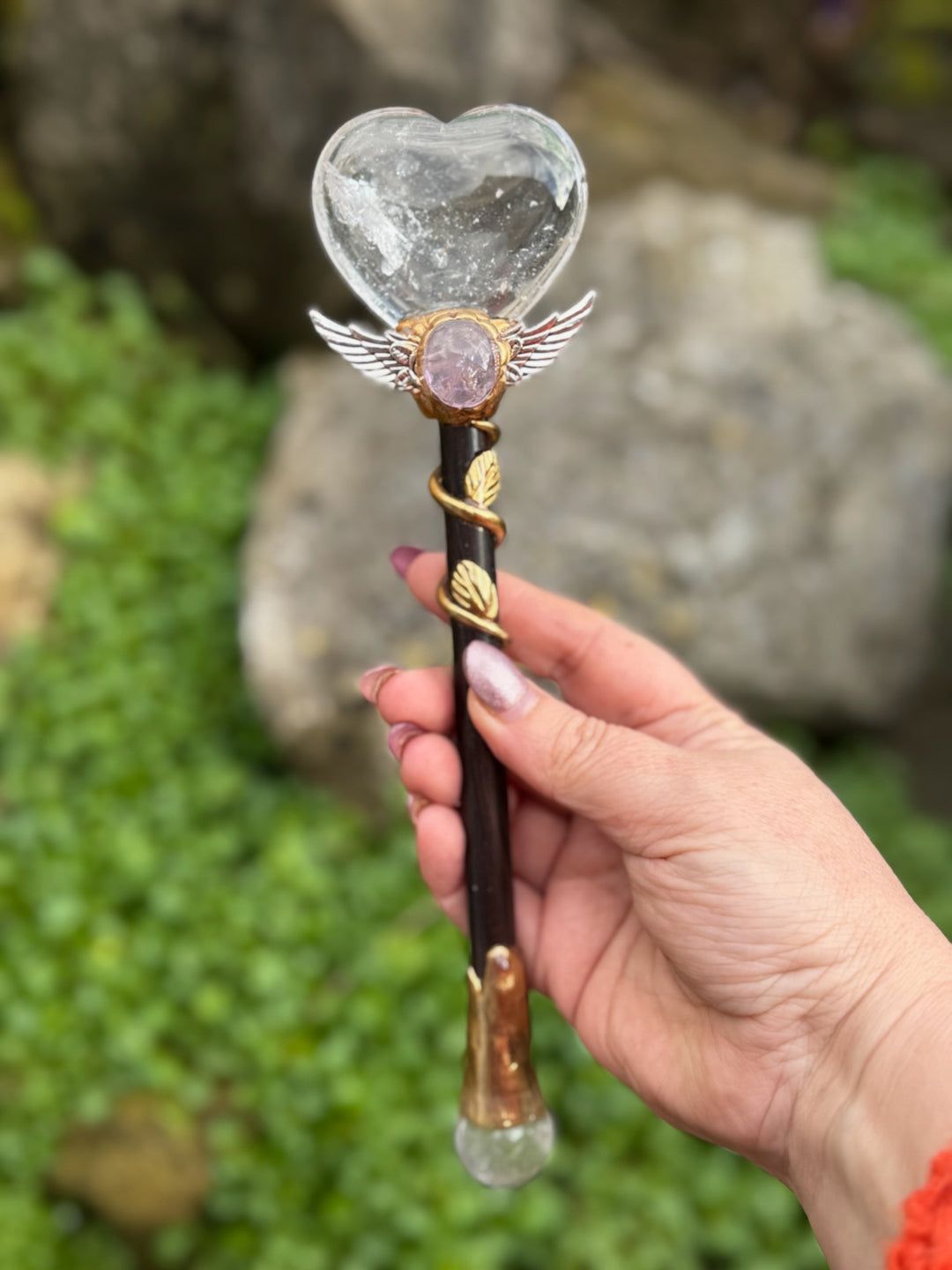 Clear Quartz Heart Wand with Amethyst