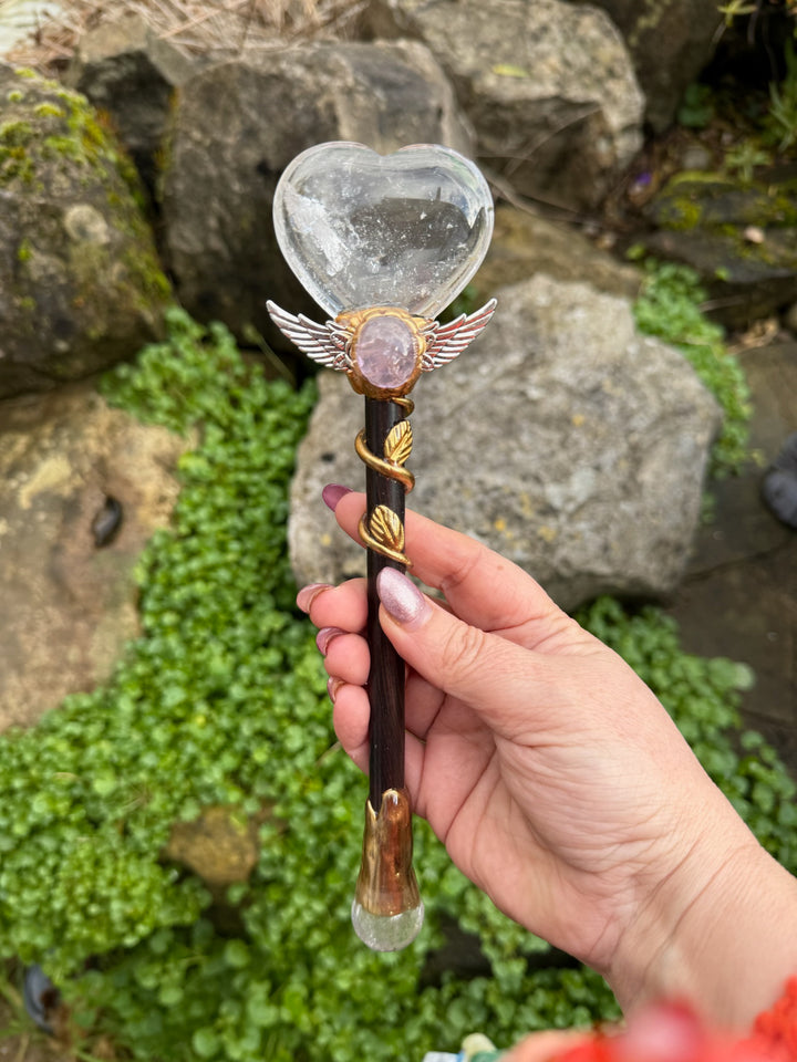 Clear Quartz Heart Wand with Amethyst