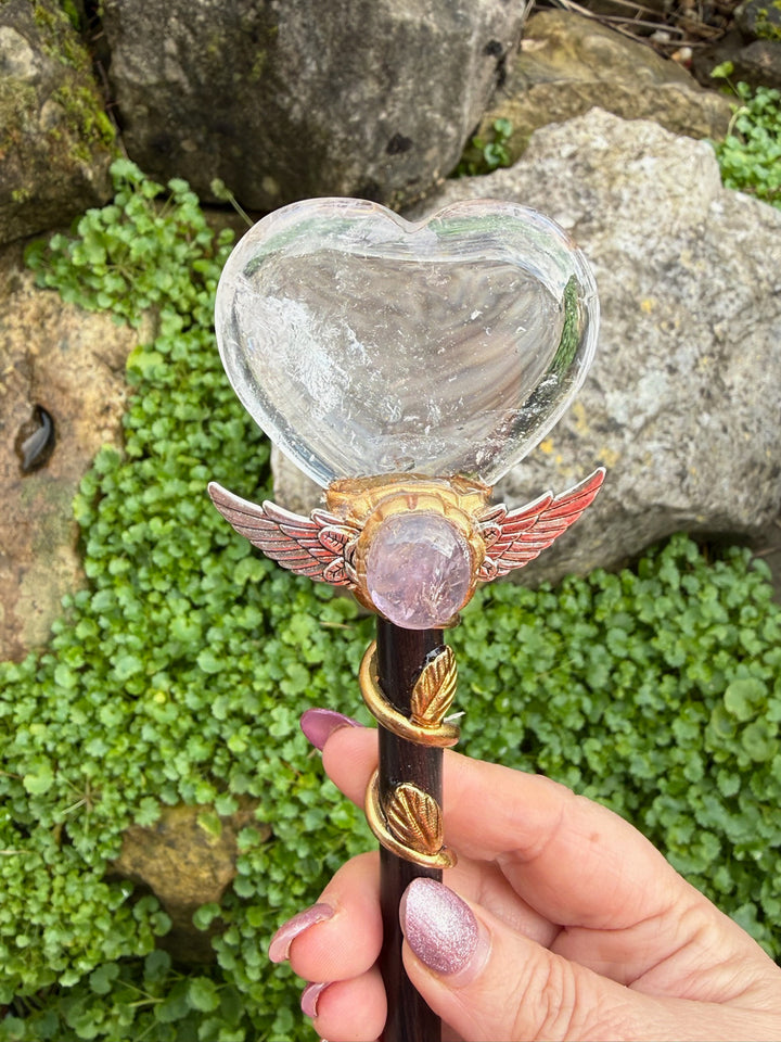 Clear Quartz Heart Wand with Amethyst