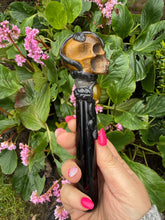 Load image into Gallery viewer, Black Obsidian Wand with Tigers Eye Skull
