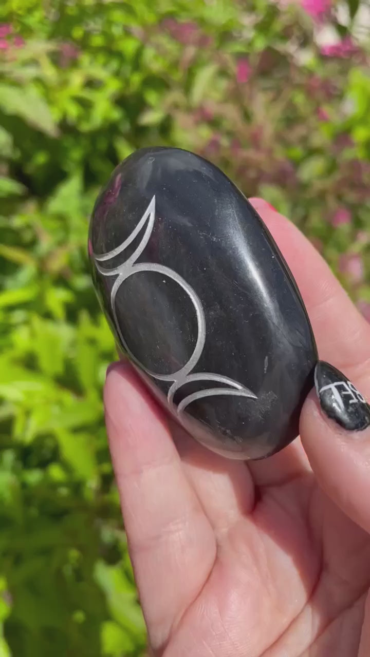 Triple Moon Silver Sheen Obsidian Palmstone