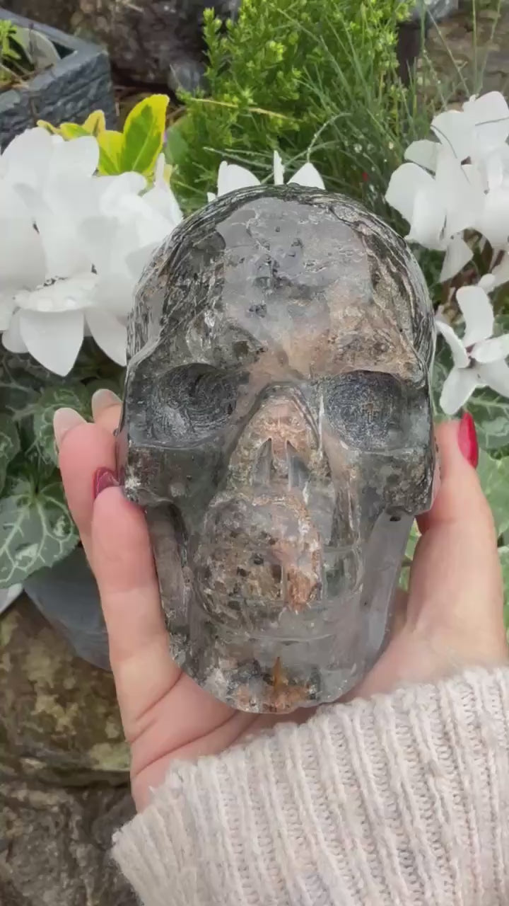 Large Tourmaline and Garden Quartz Skull Carving