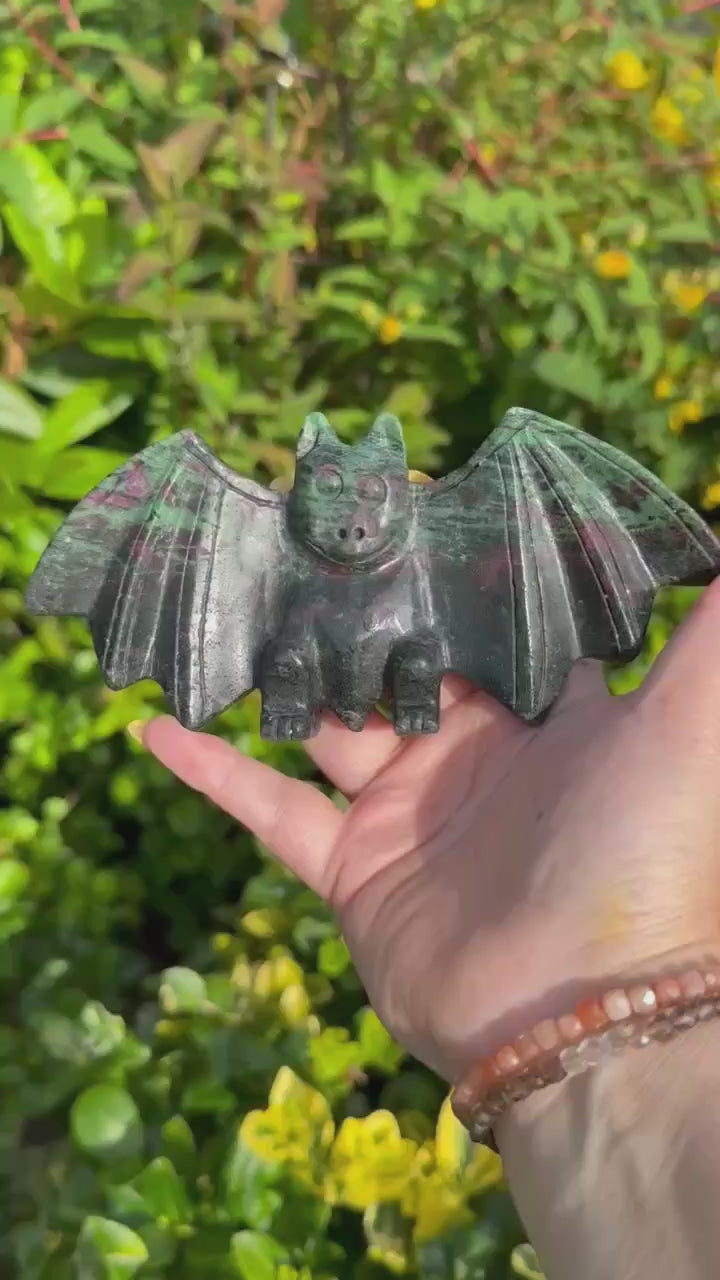 Uv Reactive Freestanding Ruby and Zoisite Bat Carving