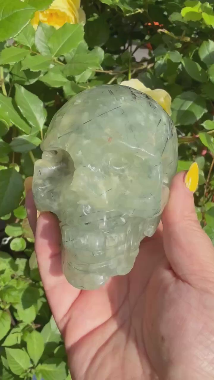 Large Prehnite with Epidote Skull Carving
