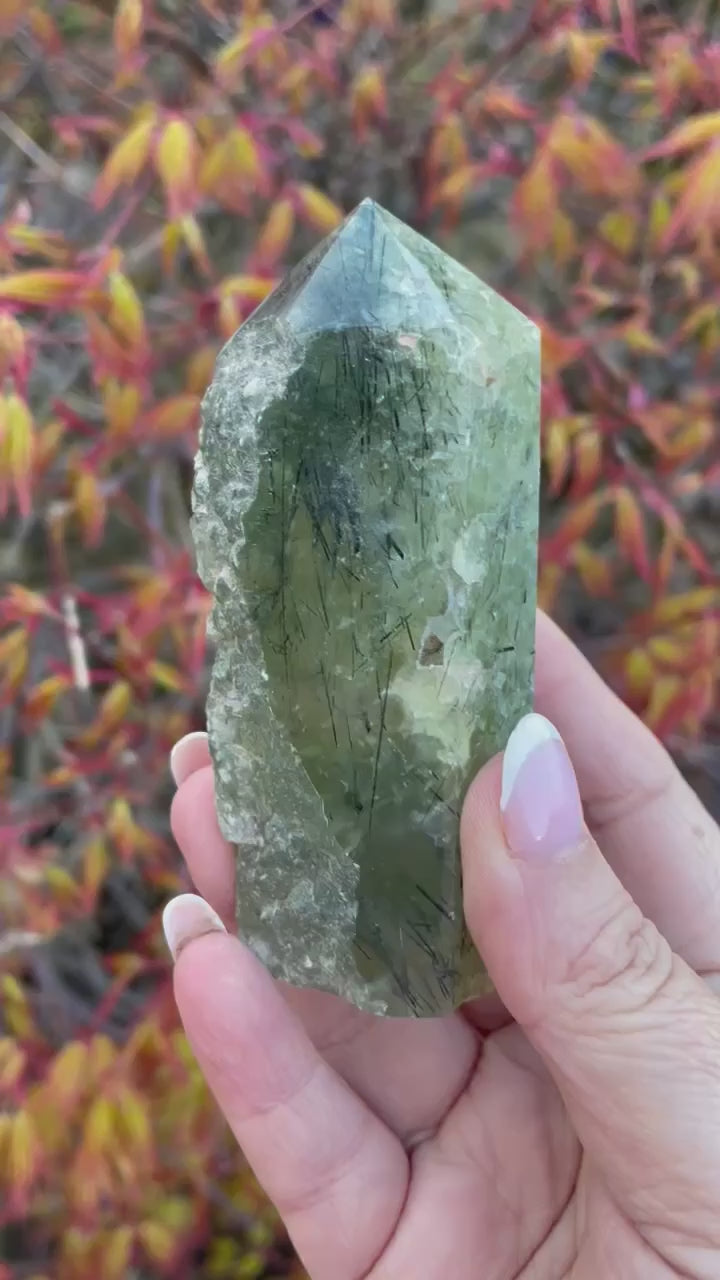 Prehnite and Tourmaline Rough Tower Specimen