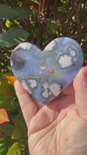 Load and play video in Gallery viewer, Blue Flower Agate Heart Carving with Custom Stand
