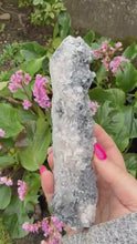 Load and play video in Gallery viewer, Large Candle Quartz Point with Uv reactive Calcite and Specular Hematite
