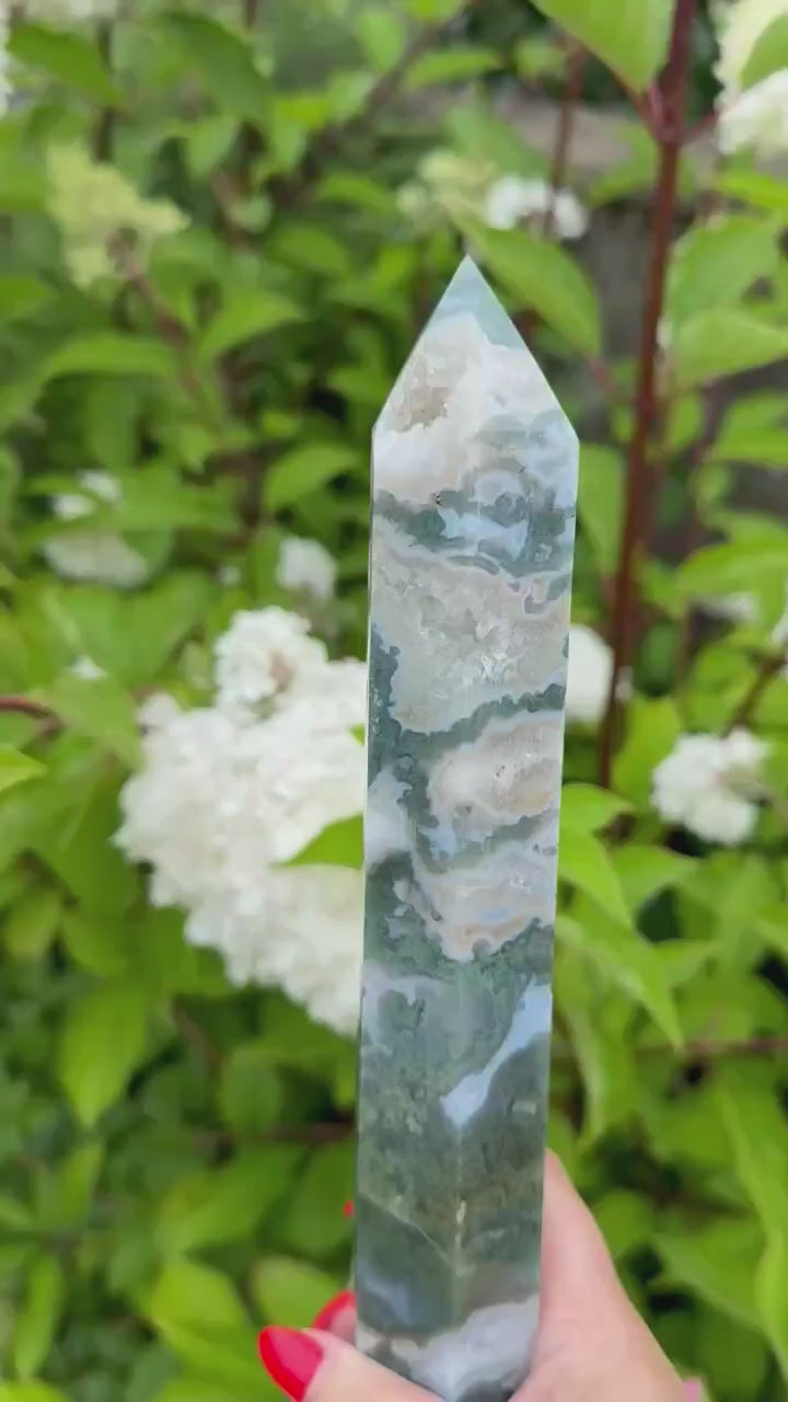 Large moss Agate Tower Carving
