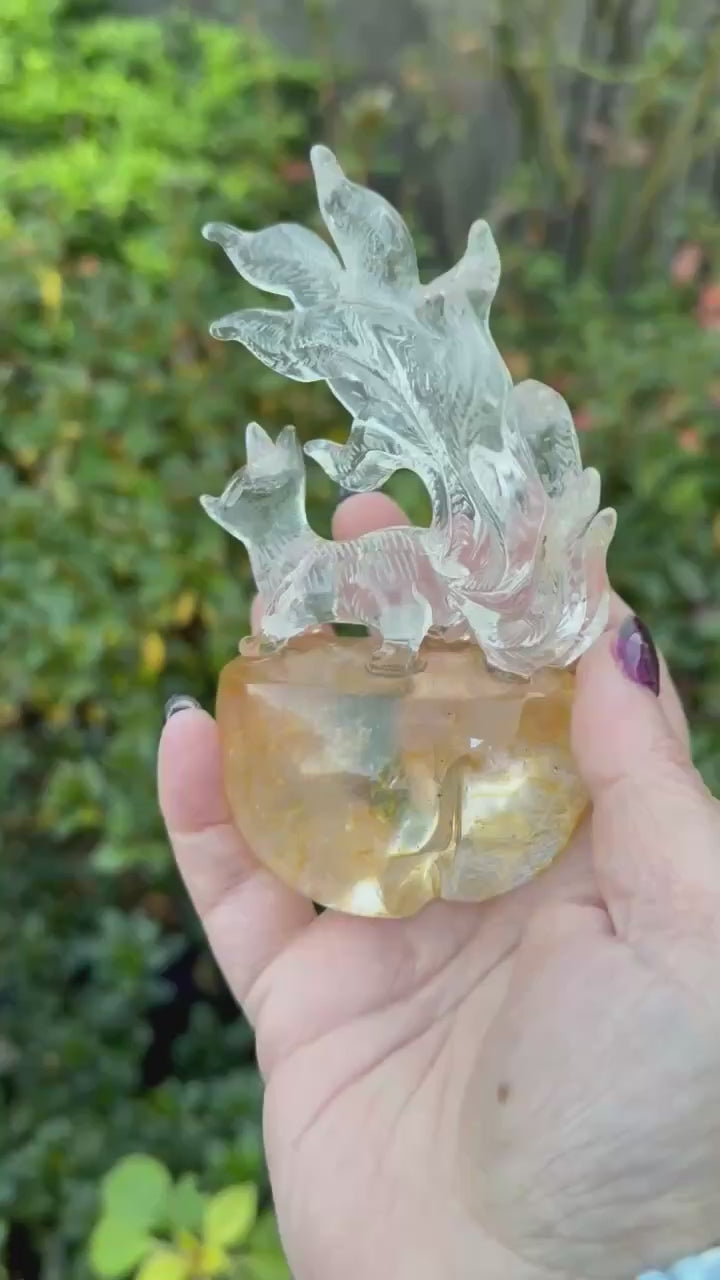 Quartz Nine Tailed Fox Carving with Custom Stand