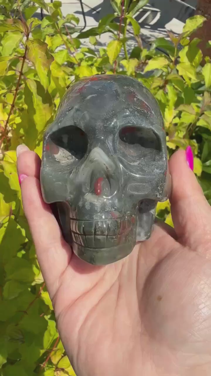 Large African Bloodstone Seftonite Skull Carving