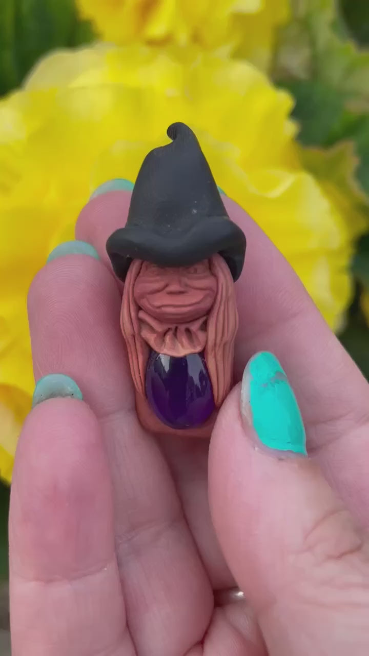 Clay Witch Rune Pendant with Amethyst