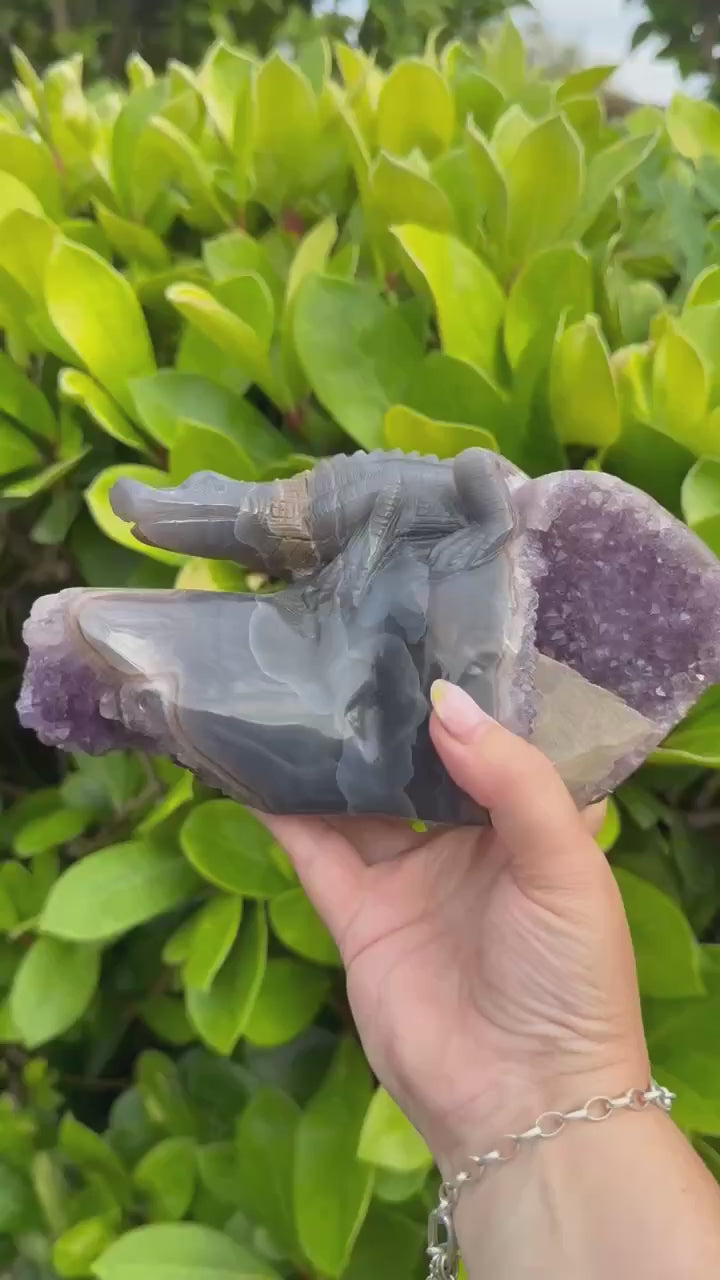Statement Hand Carved Amethyst and Agate Crocodile