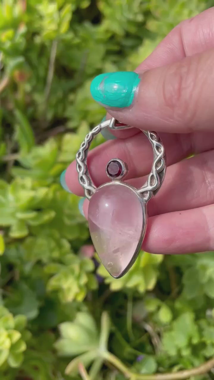 925 Sterling Silver Rose Quartz &amp; Garnet Celtic Angel Pendant