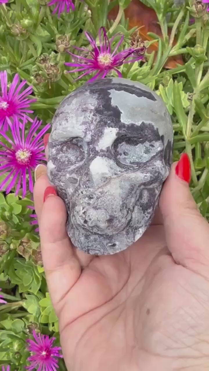 Fluorite with Druzy Quartz Skull Carving