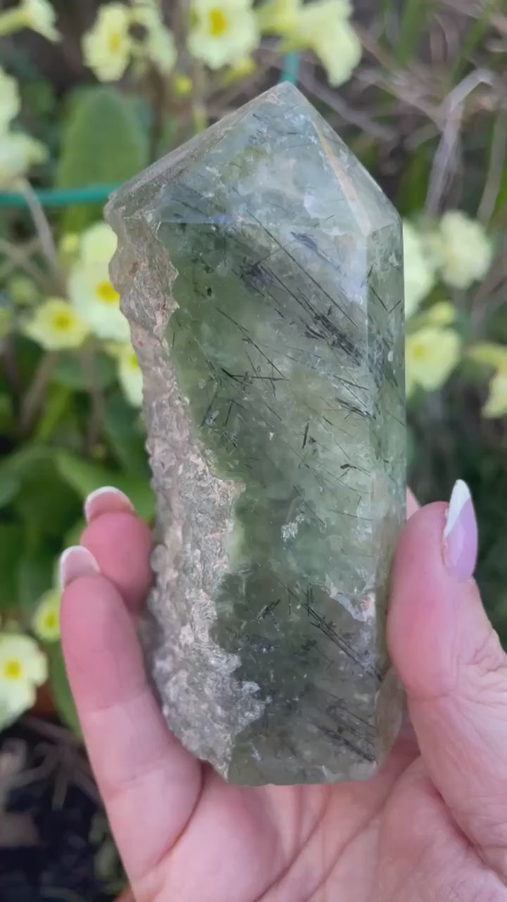 Large Prehnite and Tourmaline Rough Tower Specimen
