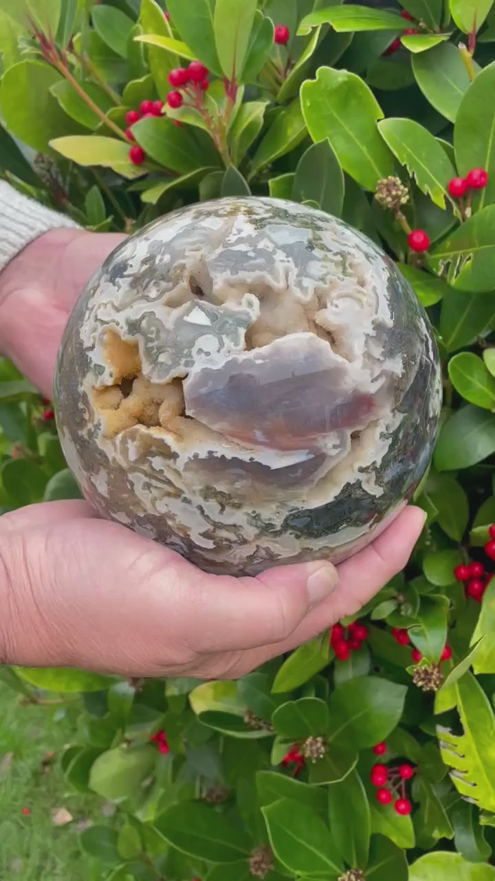 Large Druzy Moss Agate Sphere with Lilac