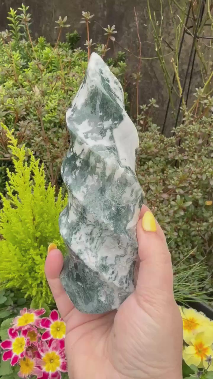 Large Moss Agate Flame Carving