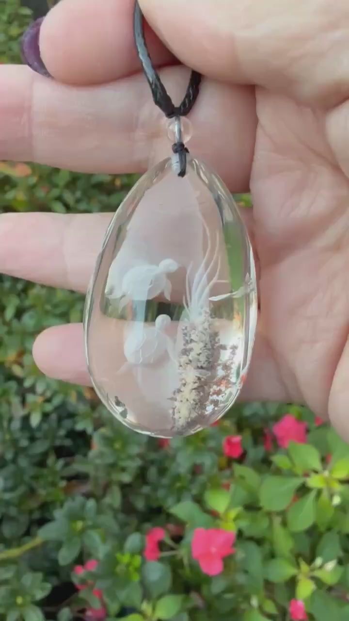 Reverse Intaglio Turtle Back Carved Quartz Pendant and Adjustable Chain