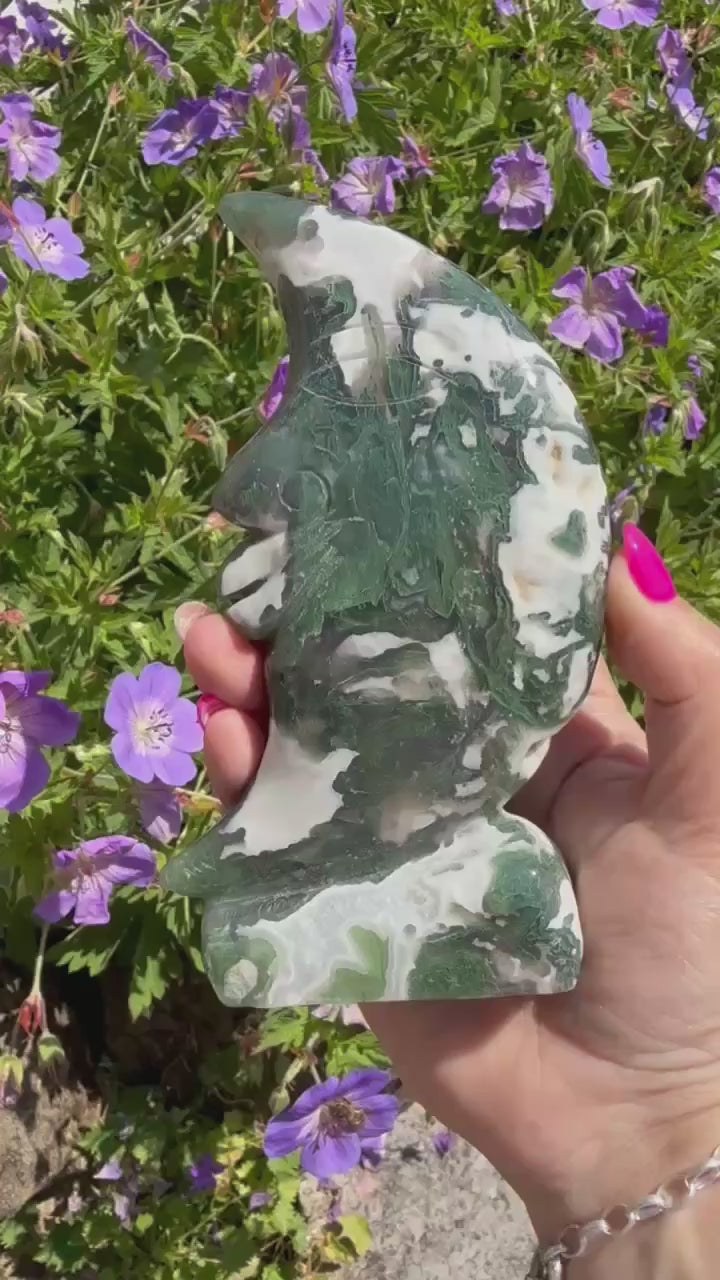 Freestanding Druzy Moss Agate Moon Carving