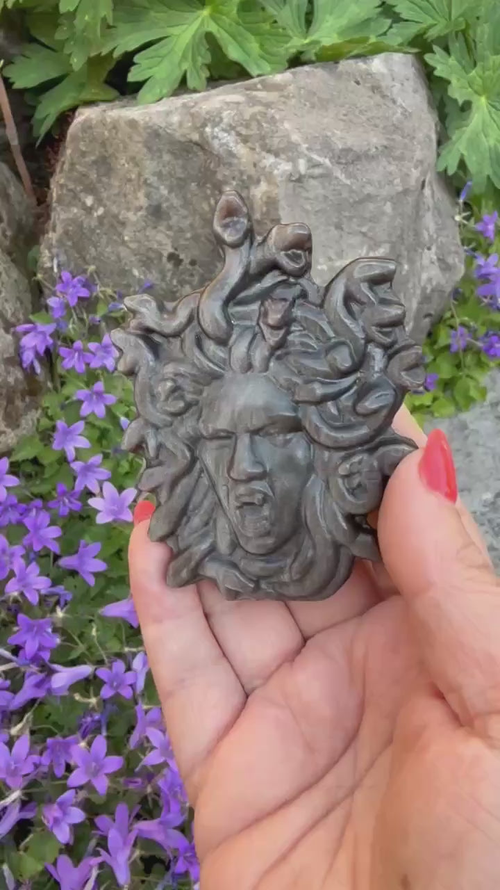 Silver Sheen Obsidian Medusa Carving