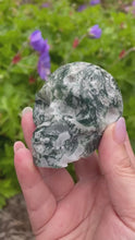Load and play video in Gallery viewer, Moss Agate with Druzy Skull Carving

