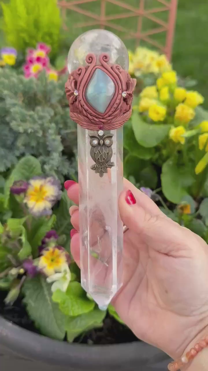 Quartz with Quartz Sphere with Labradorite Cab set in clay Manifestation Wand