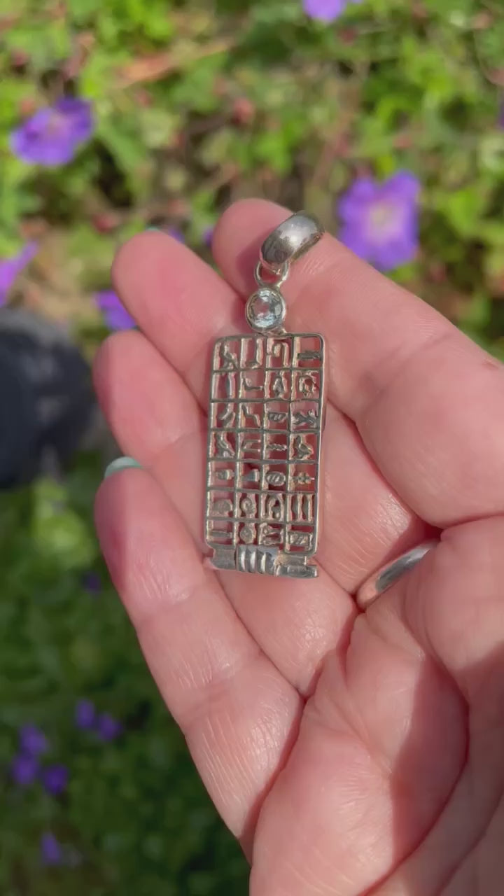 925 Sterling Silver Egyptian Hieroglyphs with Blue Topaz Pendant