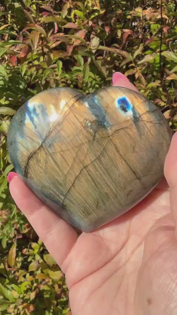 Gold Flash Labradorite Heart Carving with Stand