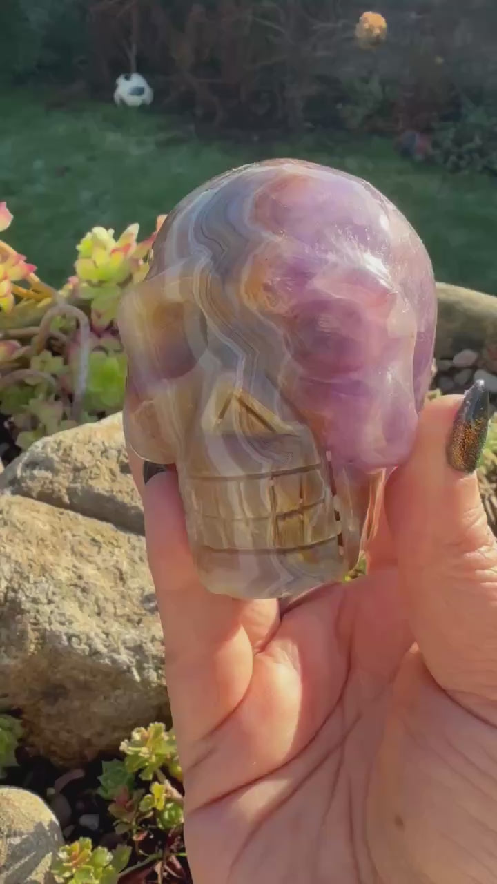 Amethyst and Crazy Lace Agate Skull Carving from Mexico