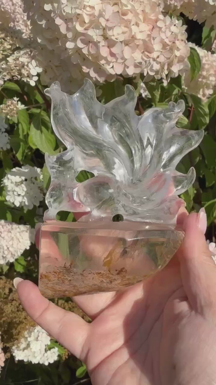 Hand Carved Garden Quartz Nine Tail Fox Carving with Custom Stand