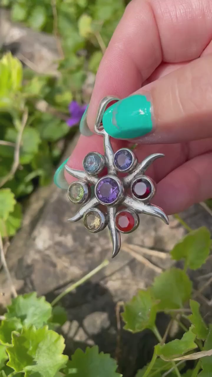 Silver Chakra Sun Pendant with Faceted Stones