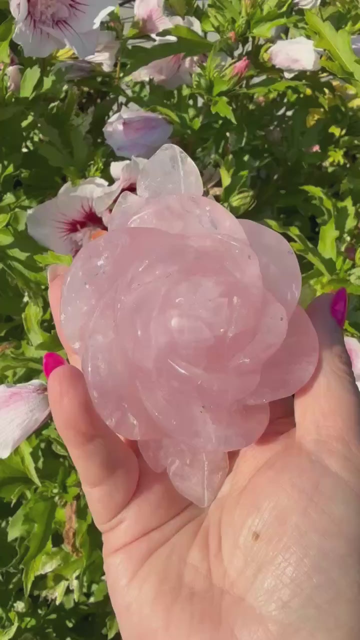 Rose Quartz Flower Carving on a Custom Stand
