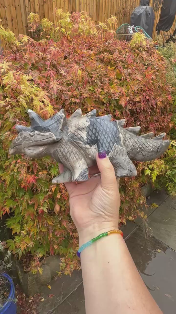 UV Reactive Volcano Agate Dinosaur Triceratops Carving a Statement Piece