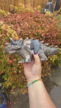 Load and play video in Gallery viewer, UV Reactive Volcano Agate Dinosaur Triceratops Carving a Statement Piece
